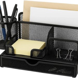 Multi Functional Desktop Organizer with Drawer Mesh Metal Office Supply Storage Caddy for Pens Notepads and Mail Accessories Space Saving Black