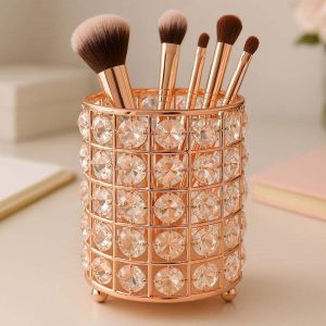 Rose Gold Crystal Pen Holder for Desk Luxury Makeup Brush Organizer Decorative Stationery Cup for Women Office Decor and Gift Bling Design