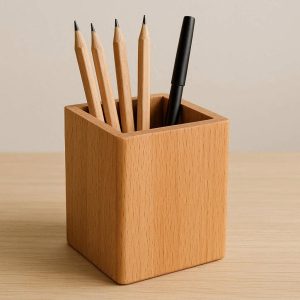 Wooden Pen Holder for Desk Handcrafted Solid Beech Wood Pencil Cup for Office Stationery Organization and Minimalist Home Decor Natural