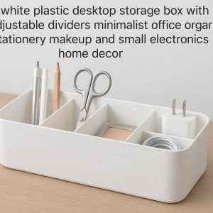 White Plastic Desktop Storage Box with Adjustable Dividers Minimalist Office Organizer for Stationery Makeup and Small Electronics Home Decor