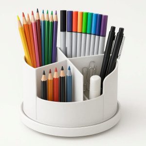 Rotating Pen Holder for Desk 360 Degree Spinning Pencil Organizer with 3 Compartments for Art Supplies Markers and Office Stationery White