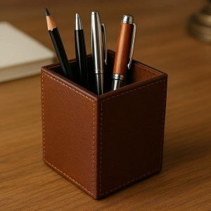 Square Leather Pen Holder for Desk Premium PU Leather Pencil Cup with Soft Velvet Lining for Office Stationery and Executive Desk Decor Brown