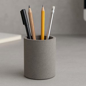 Concrete Pen Holder for Desk Modern Industrial Style Pencil Cup for Minimalist Office Decor and Stationery Organization Heavy Duty Grey