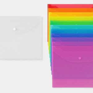 Clear Plastic File Folders with Snap Button Set of 12 Transparent Document Envelopes for Letter Size Paper and School Office Supplies Multi
