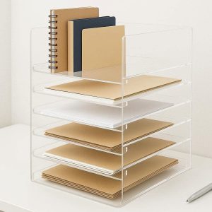 Clear Acrylic Desktop Organizer with 6 Tiers Vertical Office Supply Storage Rack for Notebooks Files and Envelopes Transparent Modern Design