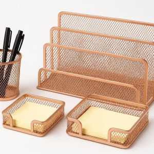 Rose Gold Mesh Desktop Organizer Set of 5 Decorative Office Accessories including Pen Holder Letter Tray and Sticky Note Holder for Women