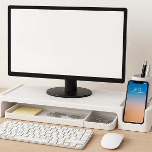 Desktop Monitor Stand Riser with Storage Drawer and Phone Holder Ergonomic Office Desk Organizer for Computer Laptop and Stationery White
