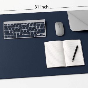 PU Leather Desk Mat Dual Sided Waterproof Large Mouse Pad and Writing Blotter for Office and Home Desktop Protection 31x15 Inch Navy Blue