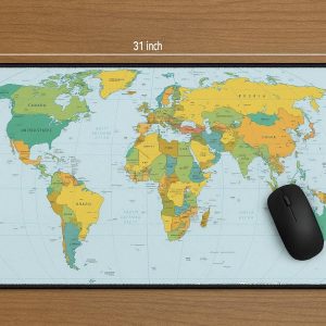 Map Print Desk Mat Large World Map Mouse Pad with Stitched Edges for Educational Use and Office Decor Non Slip Rubber Base 31x12 Inch