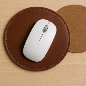 Circular Leather Mouse Pad Small Round Desk Mat with Non Slip Suede Base for Compact Desks and Travel Professional Writing Surface Brown