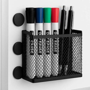 Magnetic Pen Holder for Whiteboard and Refrigerator Metal Mesh Stationery Caddy with Strong Magnets for Dry Erase Markers and Pens Black