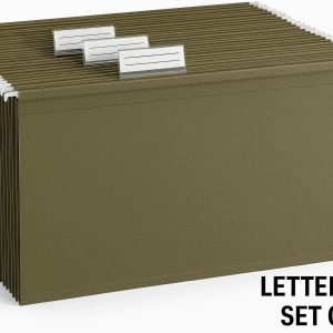 Hanging File Folders Letter Size Set of 25 Reinforced Document Folders with Adjustable Plastic Tabs and Labels for Filing Cabinet Organization