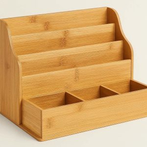 Natural Bamboo Desktop Organizer with 5 Compartments Eco Friendly Office Storage Caddy for Documents Mail and Stationery Accessories Wood