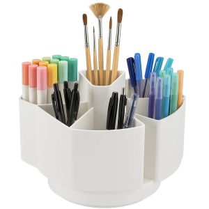Rotating Desktop Organizer 360 Degree Spinning Office Supply Caddy for Art Supplies Markers Pens and Brushes with 5 Large Slots White
